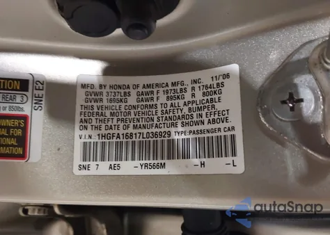 2007 Honda Civic Ex z USA, uszkodzony, nr VIN 1HGFA16817L036929
